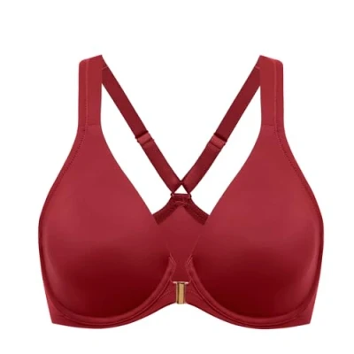 Image de DELIMIRA Soutien Gorge Fermeture Devant Grande Taille avec Armature Decollete Plongeant Dos Nageur Non Rembourré Les réjouissances Rouges 100C