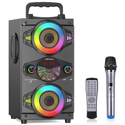 Image de haut parleurs Bluetooth, 60 W portable sans fil fort pour l&#039;extérieur et la maison, les fêtes, parleur Bluetooth avec caisson de basses, radio FM, lumières LED colorées, microphone, télécommande