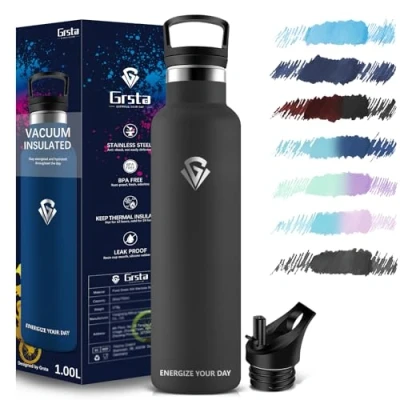 Image de Grsta Gourde Isotherme 1000ml Bouteille Isotherme, Sport sans BPA, INOX Reutilisable, avec Paille pour école, Bureau, Gym