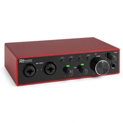 Image de Power Dynamics PDX22 Interface Audio USB Alimentation fantôme 48V, Câble C Inclus, 2 entrées Micros/Instruments, 1 Sortie Casque, Idéal pour Les Musiciens, Compositeurs et Home Studio