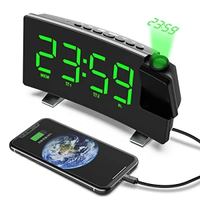 Image de Radio Réveil à Projection, Projection Plafond 180, Horloge Numérique FM USB avec Double Alarmes, Snooze, Minuteur de Mise en Veille, 12/24h, Grand écran LED Gradateur (Vert)