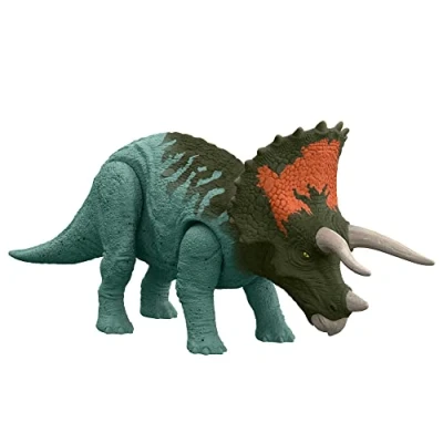 Image de Jurassic World Figurine Dinosaure articulée Tricératops, Attaque Rugissante, sons et mouvements, avec code ADN scannable, Jouet Enfant, Dès 4 ans, HDX40
