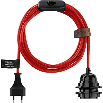Image de Hoopzi Fil électrique en Tissu de 4,5M pour Éclairer Partout Chez Vous Douille Ampoule E27 avec Interrupteur Créez Votre Suspension Luminaire, Baladeuse, Lampe Suspendue Bala Rouge