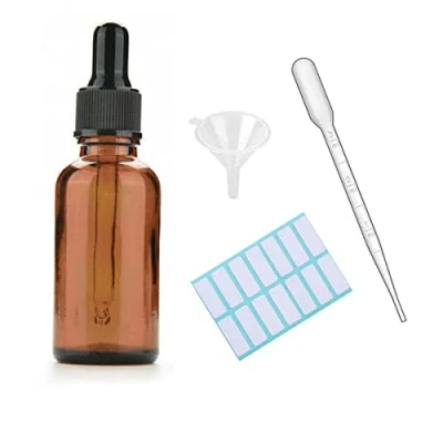 Image de 1 flacon compte gouttes en verre ambré avec bouchons noirs, pipette mesurée, entonnoir et étiquettes ; flacons de 30 ml pour d&#039;huile essentielle rechargeable