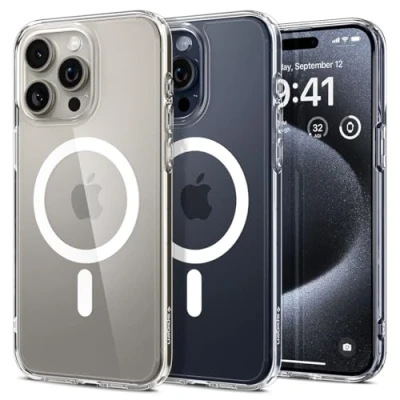 Image de Spigen Coque Magnétique pour iPhone 15 Pro Max [Anti Jaune et Antichoc] en Dos PC Bumper TPU Ultra Hybrid MagFit Blanc