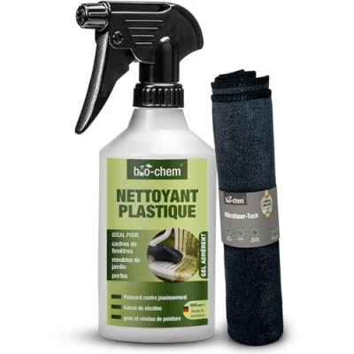 Image de bio chem Nettoyant pour Plastique 500ml + Chiffon en Microfibres Spray Nettoyage PVC fenetres, Cadres de fenêtres, raidateurs, Meubles Jardin Éliminateur d&#039;odeurs, Nicotine, poussiere