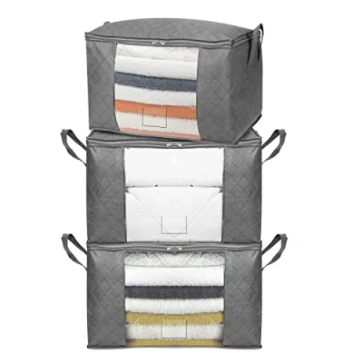 Image de Amazon Basics Lot de 3 housses rangement pliables avec grande fenêtre transparente et poignées transport, cubes zippés, Fermeture éclair