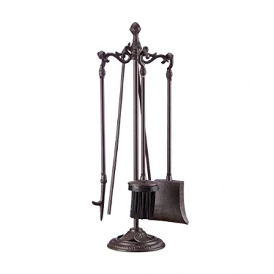 Image de Relaxdays 10022938 Ensemble serviteur de cheminée 5 pièces Accessoires Fonte Fer avec Support, HxlxP 51 x 18 cm, Noir, Marron