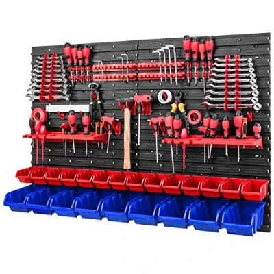 Image de paroi à outils, avec 23 boîtes de rangement rouges/bleues, 1152 x 780 mm, système rangement, kit supports étagère murale, d’atelier, perforée, bacs bec