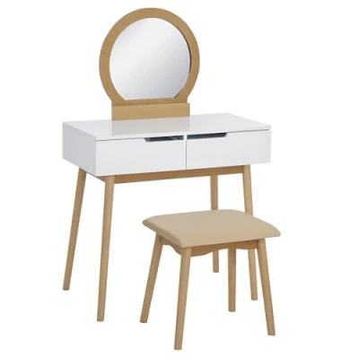 Image de HOMCOM Coiffeuse Design scandinave Table de Maquillage avec Miroir, 2 tiroirs et Tabouret Blanc pin Clair