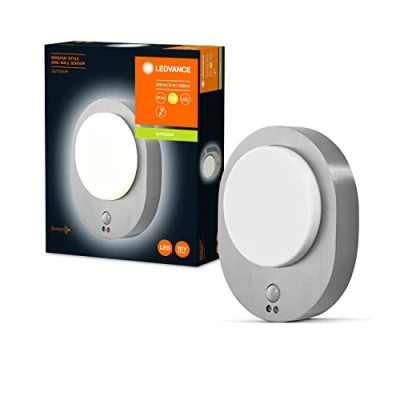 Image de LEDVANCE ENDURA STYLE DISC SENSOR ST 24cm Luminaire moderne d&#039;extérieur avec détecteur de mouvement et capteur lumière du jour, en acier inoxydable, 8 W, 3000 K blanc chaud, 485 lumen