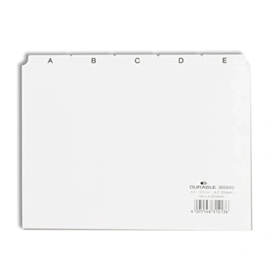 Image de Durable 365002 Jeu de 25 Intercalaires Format A5 Paysage avec Divisions 5/5 Onglets Imprimés A Z Polypro Coloris Blanc