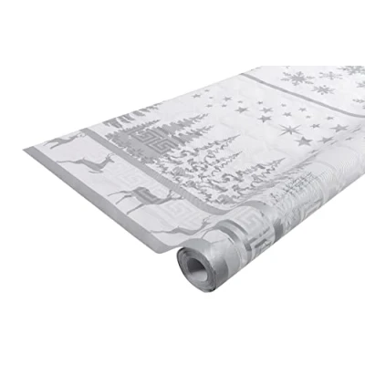 Image de Pro Nappe Réf R480682I 12 nappes jetables Papier damassé en rouleau 6 M de long X 1,20 large Décor noël argent au motif universel chic et classique