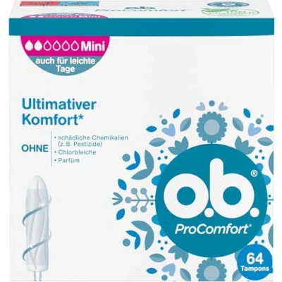 Image de o.b. ProComfort Mini Tampons pour les jours légers à moyens avec technologie Dynamic Fit et surface SilkTouch un confort ultime une protection fiable (1 x 64 pièces)