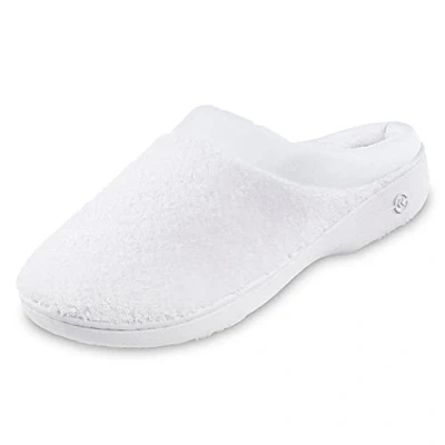 Image de Isotoner Pantoufles rembourrées en éponge et satin avec mousse à mémoire de forme pour intérieur/extérieur, blanc, 35/36 EU
