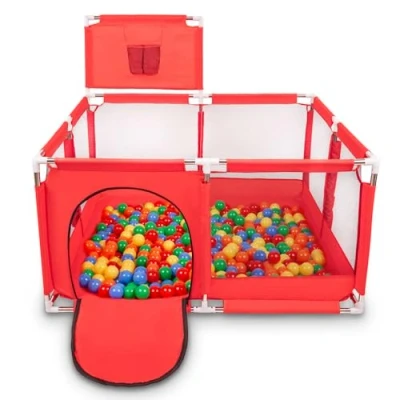 Image de Selonis Parc Bébé Avec 400 Balles Plastiques Aire De Jeu Pliable Basket, Rouge:Vert/Jaune/Bleu/Rouge/Orange