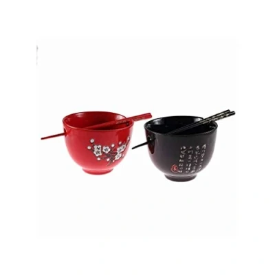 Image de lachineuse Duo Grands Bols ⌀ 13 cm En Rouge et Noir Décors Fleurs de Cerisier à Riz, Petit Déjeuner &amp; Soupe 2 Paires Baguettes Bol Asiatique Japon Asie Cadeau Vaisselle Japonaise