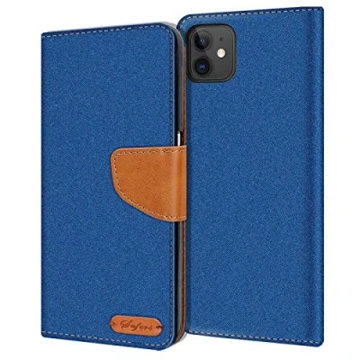 Image de Verco Coque pour iPhone 11, Étui Portefeuille Compatible avec Apple 11 Case Textures de Fibre Housse Protection [6,1 Pouces], Bleu