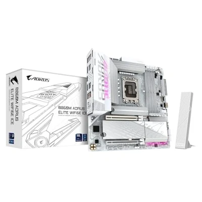 Image de GIGABYTE B860M AORUS Elite WIFI6E Ice Carte mère Processeurs Intel Core Ultra, VRM 12+1+2+1 Phases, jusqu&#039;à 9200MHz DDR5, 1xPCIe 5.0 + 2xPCIe 4.0 M.2, LAN 2,5 GbE, WiFi 6E, USB 4
