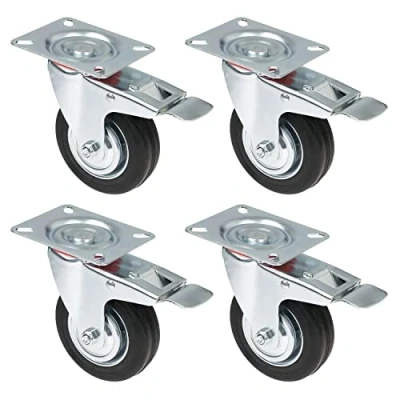 Image de HMF 6790 Lot de 4 roulettes robustes pour charges lourdes, en caoutchouc plein, munies d’un frein, roues 100 mm diamètre, capacité charge jusqu’à 280 kg, surface roulement couleur noire
