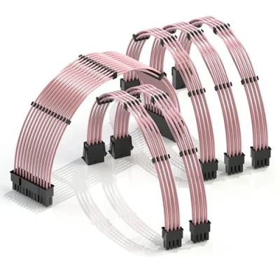 Image de LINKUP 30cm Extension de Câble PSU 18AWG Veste en Téflon Cuivre sans Oxygène Mod Personnalisé GPU PC avec Peigne Pack Unique┃1x24P (20+4)┃2x8P (4+4) CPU┃3x8 P (6+2) GPU┃300mm Rose
