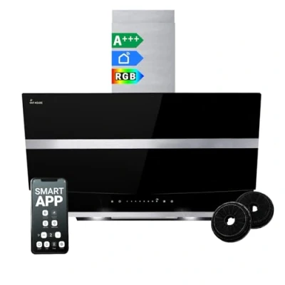 Image de Hotte aspirante 80 cm murale avec hauteur debout Acier inoxydable Verre noir WiFi Arrêt automatique Éclairage LED RGBW Commande tactile HERMES8005SM