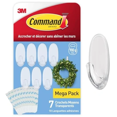 Image de Command Crochets Ovales Transparents Moyens avec Languettes Transparentes, Lot de 7 et 10 Pour Accrocher Décorer Sans Abîmer