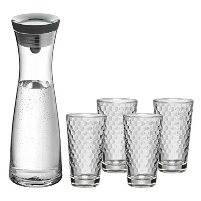 Image de WMF Basic Lot de 5 carafes à eau 1 l avec 4 verres 275 ml, carafe en verre couvercle, couvercle silicone, fermeture CloseUp