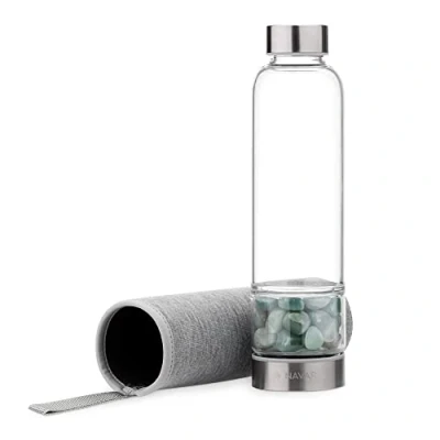Image de Navaris Gourde à Pierres Précieuses Bouteille d&#039;eau en Verre Borosilicate 420ml avec Cristaux Aventurine 28 x 6,2 cm et Housse Néoprène