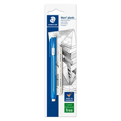 Image de Staedtler Mars Plastic, porte gomme avec curseur et clip pour effacer précision, Rechargeable gommes 528 55, Étui blister 1 une additionnelle, 50BKDA