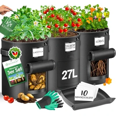 Image de KESSER® Lot de 3 sacs plantation pour pommes terre 27 l En non tissé avec étiquettes nominatives fenêtre et poignées Lavables gants tapis travail Noir
