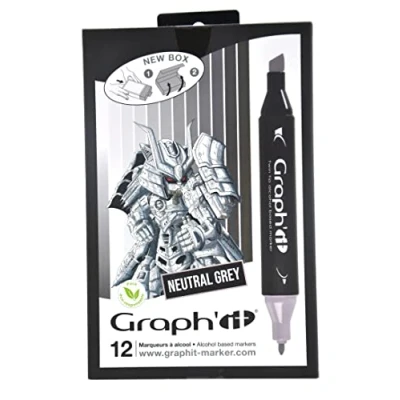 Image de GRAPH’IT Marker Set de 12 marqueurs à alcool double pointe pour dessin manga et illustration, fine biseautée Neutral Grey