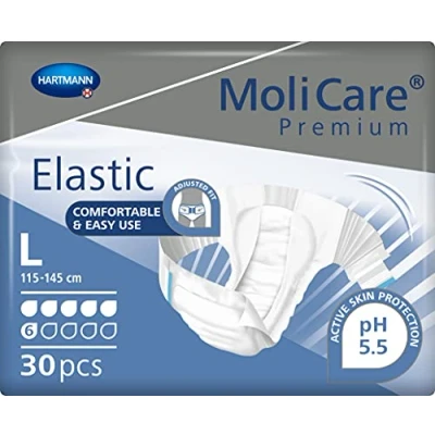 Image de MOLICARE® PREMIUM Elastic Changes Complets pour Hommes et Femmes Niveau d&#039;Absorption = 6 gouttes (Fuites Urinaires Modérées) pH Neutre à la Peau Matière Douce Taille L 30 Unités