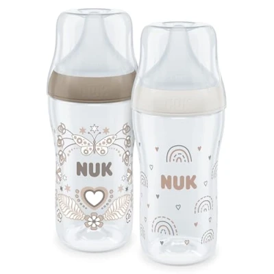 Image de Set de biberons NUK Perfect Match, 3+ mois, S’adapte au palais, Contrôle température, Évent anti coliques, 260 ml, Sans BPA, TÉTINE M en silicone, Arc ciel &amp; cœur, 2 pièces