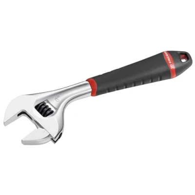 Image de FACOM Clé à Molette 101.8G Ajustement Rapide avec Écrou Ouverture Extra Large Polyvalente Graduation en mm sur une Face Corps Chromé Manche Bimatière Grande Robustesse