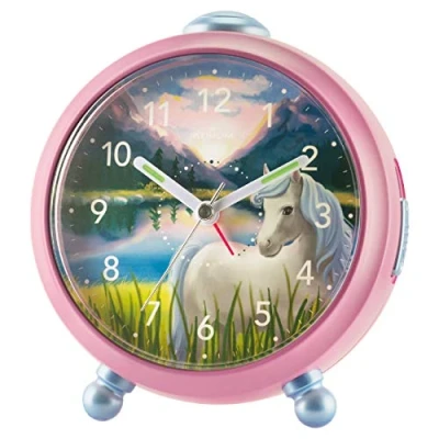 Image de Atrium Réveil analogique à quartz pour fille Siabelle Motif cheval Rose violet blanc Sans tic tac Avec lumière et snooze A932 17