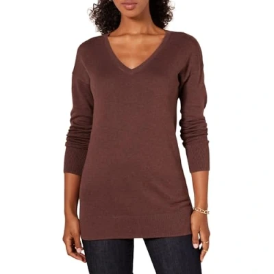 Image de Amazon Essentials Pull Tunique Léger À Manches Longues Et Col En v (Disponible Grande Taille) Femme, Brun Châtaigne Foncé Chiné, S