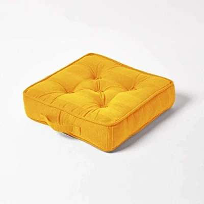 Image de HOMESCAPES Coussin de Sol carré matelassé Rajput en Coton Jaune Moutarde 40 x cm