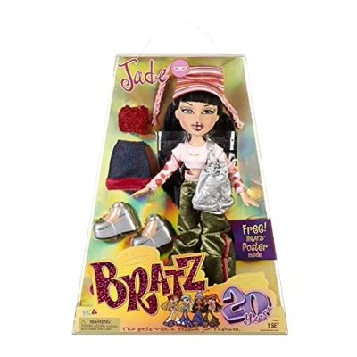 Image de Bratz 20 Ans Édition spéciale Poupée mannequin originale Jade Emballage &amp; affiche holographiques À collectionner Réplique de la version 2001 Contient 2 tenues, chaussures, sac +