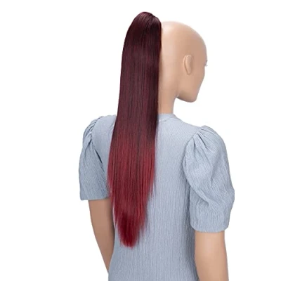 Image de CAISHA 60cm Ponytail Postiche Avec Pince Papillon Natte Queue De Cheval Extensions Cheveux Raide Mélange Rouge H620