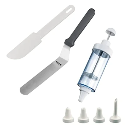 Image de Westmark 311522E6 Set de pâtisserie 3 pièces 1 seringue à glaçage avec 5 buses, palette d&#039;angle, distributeur gâteaux, plastique/acier inoxydable, transparent/noir/blanc