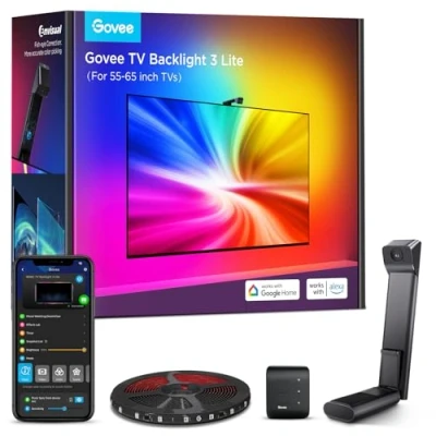 Image de Govee RGBIC TV Backlight 3 Lite avec Correction Fish Eye Fonction, Synchronisation pour 55 65 pouces, Ruban LED WiFi RGBICW 3,6 M Caméra, Perle de Lampe 4 Couleurs en 1, Contrôle Vocal et APP