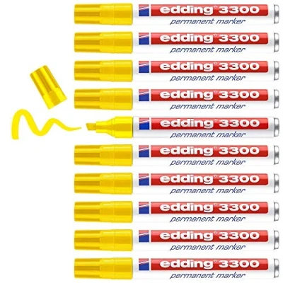 Image de edding 3300 Marqueur permanent jaune 10 stylos pointe biseautée 1 5 mm sèche vite résiste à l&#039;eau et l&#039;essuyage pour carton, plastique, bois, métal universel