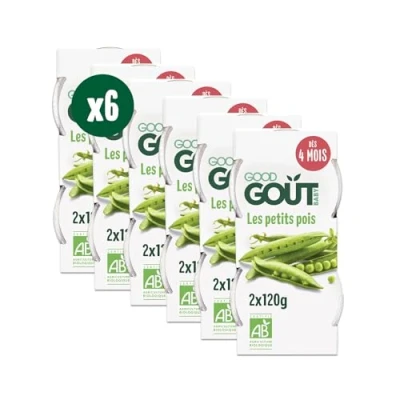 Image de GOOD GOÛT Les Petits Pois Plat Cuisiné Pour Bébé Dès 4 Mois Purée Lisse Fabriqué En Bretagne Bol Micro Ondable 2x120g Lot de 6