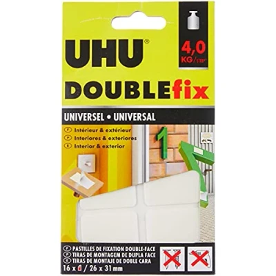 Image de UHU Doublefix universel pastilles adhésives, ultra forte, résistance à 4 Kg, blanches, 16