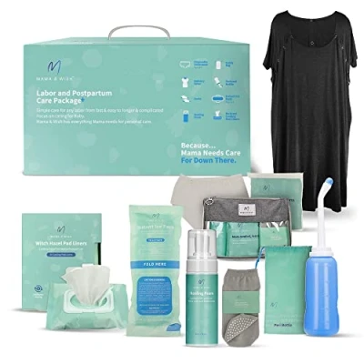 Image de Kit de soins post partum pour maman (14 pièces) Comprend une robe travail et d&#039;accouchement, bouteille péri, mousse d&#039;hamamélis, des serviettes hygiéniques plus encore avec les