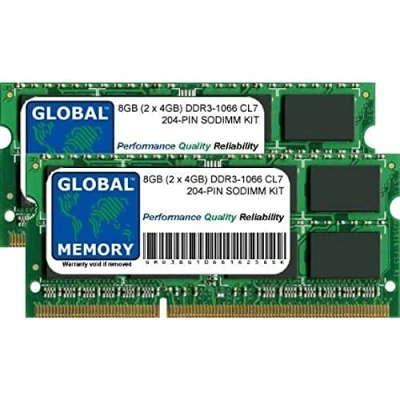 Image de GLOBAL MEMORY 8Go (2 x 4Go) DDR3 1066MHz PC3 8500 204 PIN SODIMM MÉMOIRE RAM KIT pour MACBOOK (Fin 2008 MI /Fin 2009 2010) &amp; Pro DÉBUT/MI