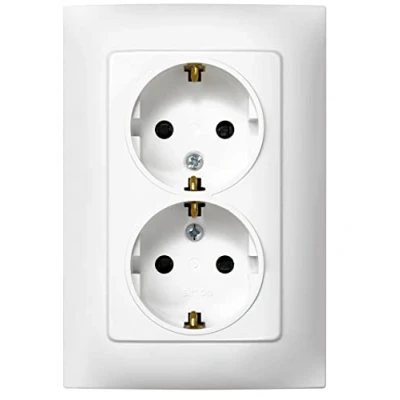 Image de Simon prise double à encastrer Schuko, série 10, 250 V, 10 A, murale plate et fine, facile installer, avec cadre, couvercle mécanisme, base de femelle Blanc
