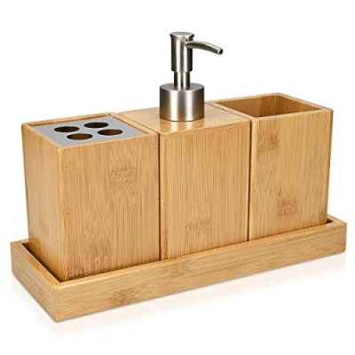 Image de Navaris Set Accessoires Salle de Bain 4X Accessoire pour en Bambou Porte Brosse à dent Distributeur Savon Gobelet Support