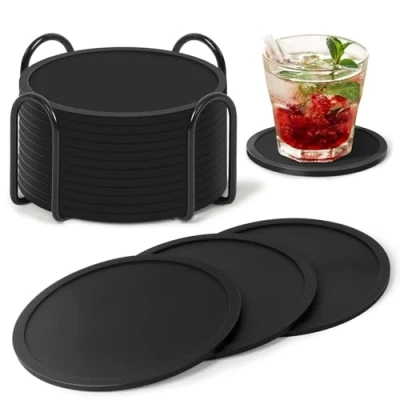 Image de Gotanc Dessous de Verre Silicone Set 12 Noir, sous Rond avec Plateau Antidérapants et Isolés, pour Bière Tasses à Café Table en